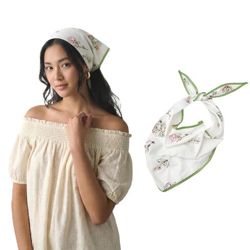 Aranya Floral Embroidered Triangle Hair Scarf for Women - Cotton Blend Breathable Bandana - Cottagecore Wildflower Headwrap - Soft Boho Neckerchief White in Saudi Arabia