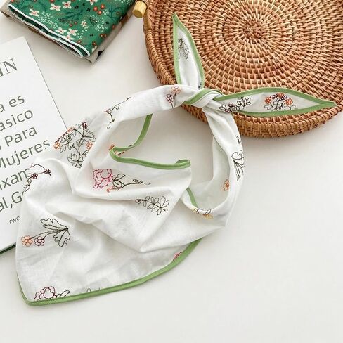 Aranya Floral Embroidered Triangle Hair Scarf for Women - Cotton Blend Breathable Bandana - Cottagecore Wildflower Headwrap - Soft Boho Neckerchief White in Saudi Arabia