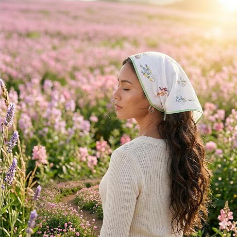Aranya Floral Embroidered Triangle Hair Scarf for Women - Cotton Blend Breathable Bandana - Cottagecore Wildflower Headwrap - Soft Boho Neckerchief White in Saudi Arabia