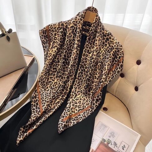 Leopard Silk-Head-Scarf for Women, 35 Inch Lightweight-Satin Head-Neck-Wrap-Hair Bandana in Kuwait