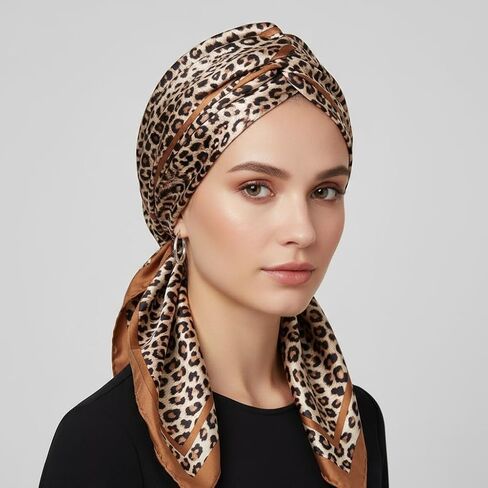 Leopard Silk-Head-Scarf for Women, 35 Inch Lightweight-Satin Head-Neck-Wrap-Hair Bandana in Kuwait