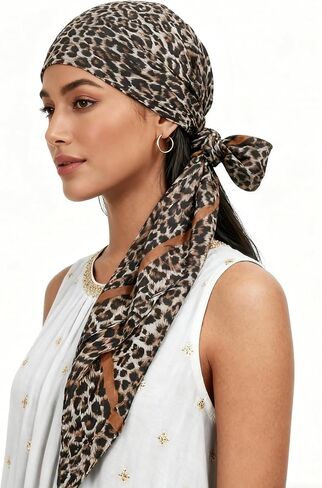 Leopard Silk-Head-Scarf for Women, 35 Inch Lightweight-Satin Head-Neck-Wrap-Hair Bandana in Kuwait