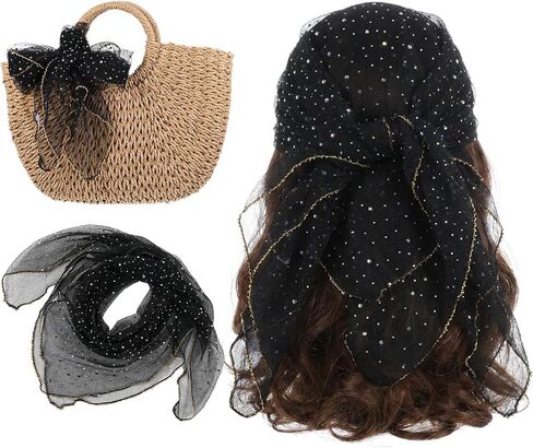 Ymapinc Black Sheer Head Scarf for Women, Sequin Glitter Rhinestone Bandana, Sparkly Festival Rave Scarf, Purse Handbag Decor for Party Wedding Beach Vacation in Saudi Arabia