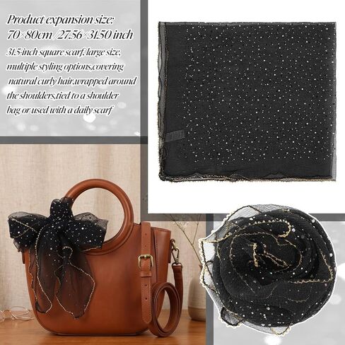 Ymapinc Black Sheer Head Scarf for Women, Sequin Glitter Rhinestone Bandana, Sparkly Festival Rave Scarf, Purse Handbag Decor for Party Wedding Beach Vacation in Saudi Arabia