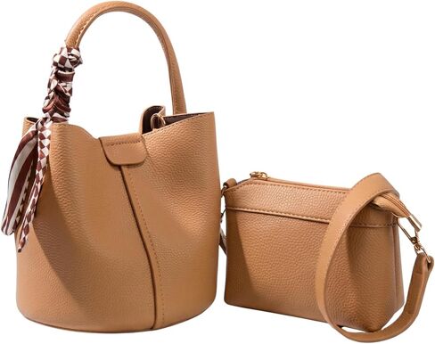 2-in-1 Vegan Leather Bucket Handbag for Women, Small Crossbody Hobo Bag Purse with Inner Pouch & Silk Scarf Decor in Saudi Arabia