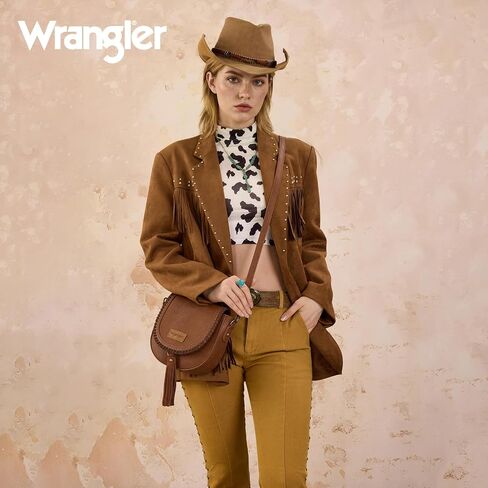 Wrangler Crossbody Bag Flap Saddle Bag Small Boho Purses for Women Embossed Braid Handbags with Tessel in Kuwait