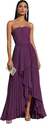 Women's Strapless Pleated Satin Bridesmaid Dresses High-Low Maxi Formal Evening Dress AS070 in Saudi Arabia