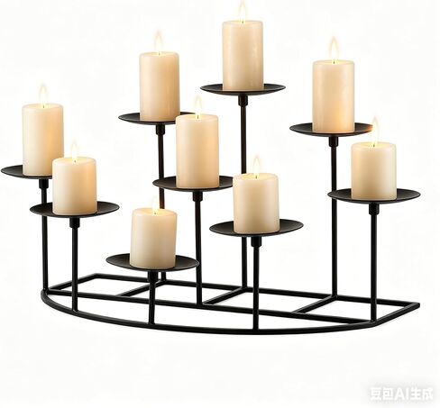 9-Tier Fireplace Candelabra Candle Holder, Modern Geometric Matte Black Metal Candle Stand with Stable Curved Base, 9 Pillar Candle Holder Centerpiece for Mantel, Table, Christmas, Wedding Decor in Saudi Arabia