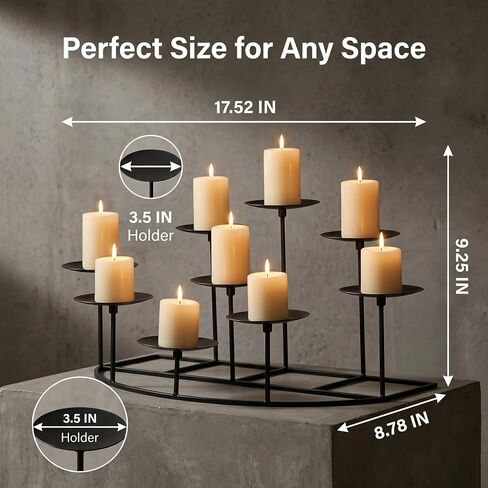 9-Tier Fireplace Candelabra Candle Holder, Modern Geometric Matte Black Metal Candle Stand with Stable Curved Base, 9 Pillar Candle Holder Centerpiece for Mantel, Table, Christmas, Wedding Decor in Saudi Arabia