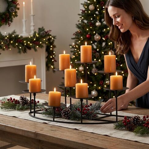 9-Tier Fireplace Candelabra Candle Holder, Modern Geometric Matte Black Metal Candle Stand with Stable Curved Base, 9 Pillar Candle Holder Centerpiece for Mantel, Table, Christmas, Wedding Decor in Saudi Arabia