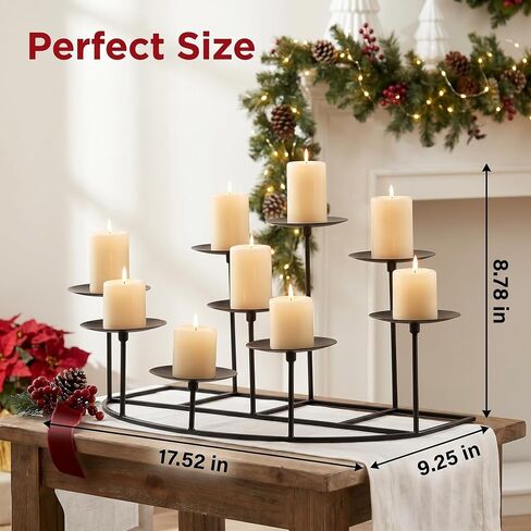 9-Tier Fireplace Candelabra Candle Holder, Modern Geometric Matte Black Metal Candle Stand with Stable Curved Base, 9 Pillar Candle Holder Centerpiece for Mantel, Table, Christmas, Wedding Decor in Saudi Arabia