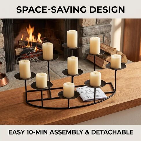 9-Tier Fireplace Candelabra Candle Holder, Modern Geometric Matte Black Metal Candle Stand with Stable Curved Base, 9 Pillar Candle Holder Centerpiece for Mantel, Table, Christmas, Wedding Decor in Saudi Arabia
