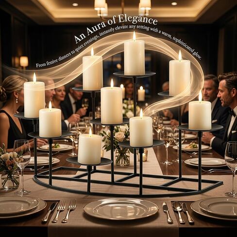 9-Tier Fireplace Candelabra Candle Holder, Modern Geometric Matte Black Metal Candle Stand with Stable Curved Base, 9 Pillar Candle Holder Centerpiece for Mantel, Table, Christmas, Wedding Decor in Saudi Arabia