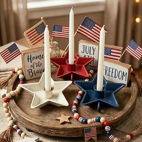 4th of July Decorative Candle Holders Set of 3,Patriotic red White Blue Metal Star Table Decor for Memorial Day, Labor Day American Farmhouse Decorations in Saudi Arabia