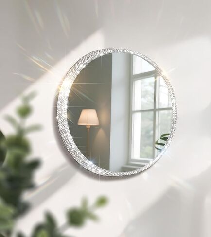 Crystal Diamond Wall Mounted Mirror Silver Makeup Mirror 12inch Round Bing Mirror for Bedroom Real Glass Mirror for Wall Decor in Saudi Arabia