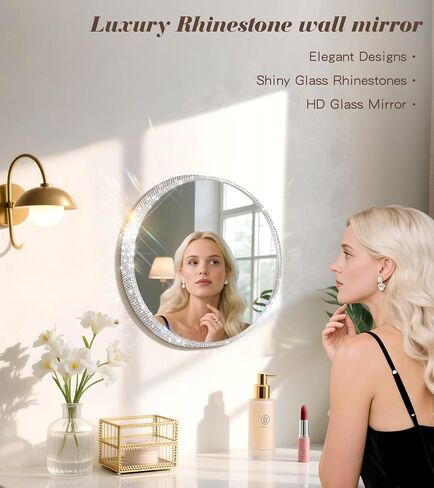Crystal Diamond Wall Mounted Mirror Silver Makeup Mirror 12inch Round Bing Mirror for Bedroom Real Glass Mirror for Wall Decor in Saudi Arabia