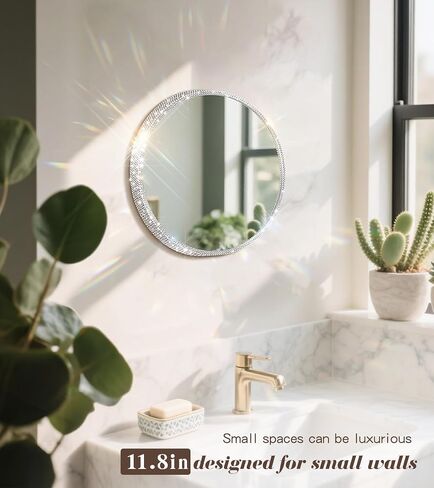 Crystal Diamond Wall Mounted Mirror Silver Makeup Mirror 12inch Round Bing Mirror for Bedroom Real Glass Mirror for Wall Decor in Saudi Arabia