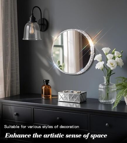 Crystal Diamond Wall Mounted Mirror Silver Makeup Mirror 12inch Round Bing Mirror for Bedroom Real Glass Mirror for Wall Decor in Saudi Arabia