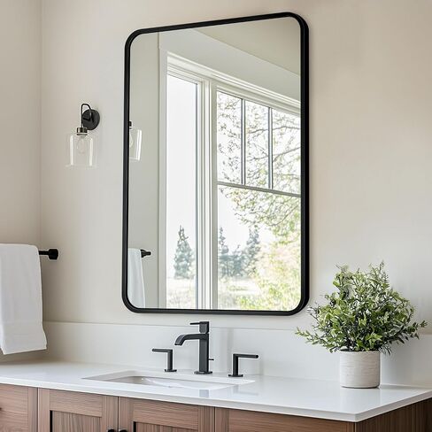 Antok 22x30 Black Metal Framed Bathroom Mirror, Wall Mirror with Round Corners, Vanity Mirror for Over Sink, Anti-Rust Tempered Glass, Horizontal/Vertical Hanging for Bathroom, Living Room, Entryway in Saudi Arabia