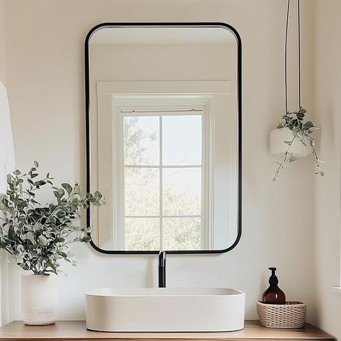 Antok 22x30 Black Metal Framed Bathroom Mirror, Wall Mirror with Round Corners, Vanity Mirror for Over Sink, Anti-Rust Tempered Glass, Horizontal/Vertical Hanging for Bathroom, Living Room, Entryway in Saudi Arabia