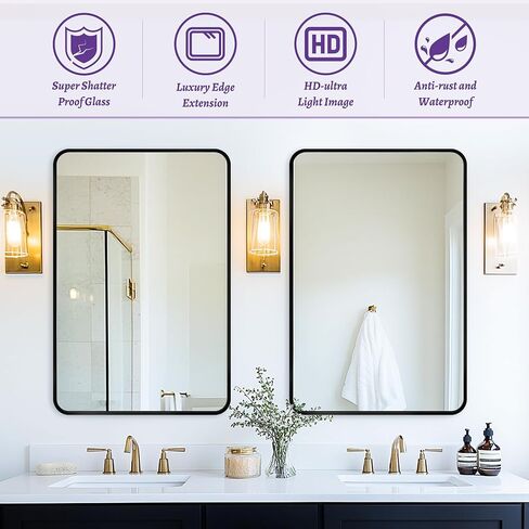 Antok 22x30 Black Metal Framed Bathroom Mirror, Wall Mirror with Round Corners, Vanity Mirror for Over Sink, Anti-Rust Tempered Glass, Horizontal/Vertical Hanging for Bathroom, Living Room, Entryway in Saudi Arabia