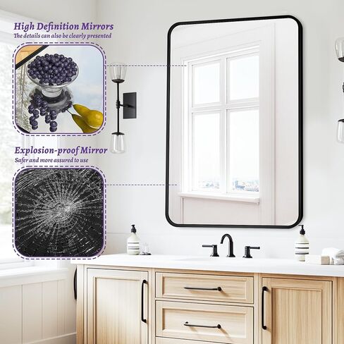 Antok 22x30 Black Metal Framed Bathroom Mirror, Wall Mirror with Round Corners, Vanity Mirror for Over Sink, Anti-Rust Tempered Glass, Horizontal/Vertical Hanging for Bathroom, Living Room, Entryway in Saudi Arabia
