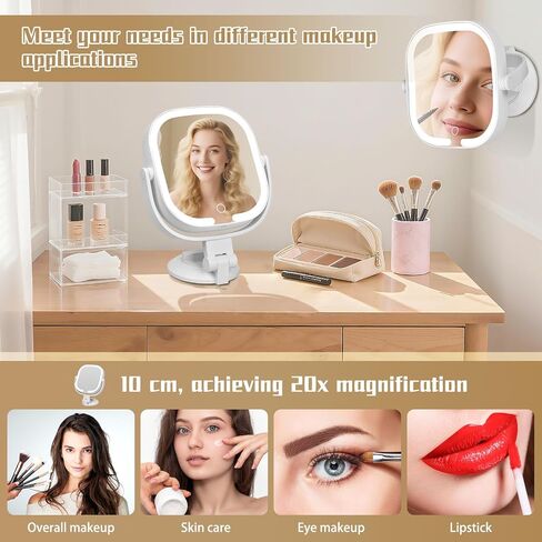 30X Magnifying Makeup Mirror with Light, Square Lighted Vanity Mirror with 3 Color Lighting Modes, Dual-Sided 1X/30X, Suction Cup Wall Mounted, Rechargeable, 360° Rotation, Portable in Saudi Arabia