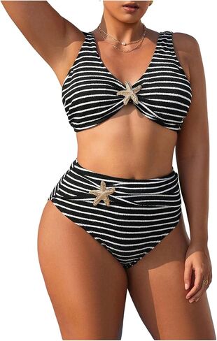 Verdusa Women's Plus Size 2 Pieces Striped Bikini Sets High Waisted Swimsuit Bathing Suit in Kuwait