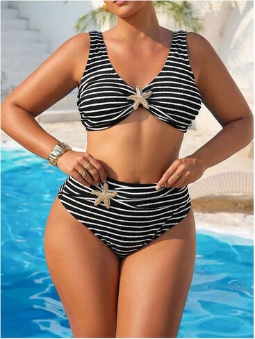 Verdusa Women's Plus Size 2 Pieces Striped Bikini Sets High Waisted Swimsuit Bathing Suit in Kuwait