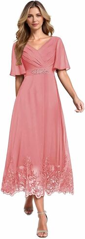Tea Length Chiffon Mother of The Bride Dresses Lace Formal Wedding Guest Evening Dress HX049 in Saudi Arabia