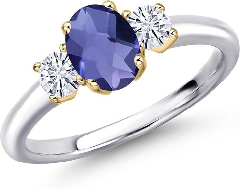Gem Stone King Blue Iolite and White Moissanite 3-Stone Engagement Ring For Women | 925 Silver and 10K Yellow Gold | 0.97 Cttw | Oval Checkerboard 7X5MM | Available In Size 5, 6, 7, 8, 9 in Kuwait