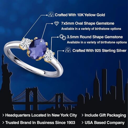 Gem Stone King Blue Iolite and White Moissanite 3-Stone Engagement Ring For Women | 925 Silver and 10K Yellow Gold | 0.97 Cttw | Oval Checkerboard 7X5MM | Available In Size 5, 6, 7, 8, 9 in Kuwait