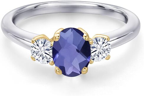 Gem Stone King Blue Iolite and White Moissanite 3-Stone Engagement Ring For Women | 925 Silver and 10K Yellow Gold | 0.97 Cttw | Oval Checkerboard 7X5MM | Available In Size 5, 6, 7, 8, 9 in Kuwait