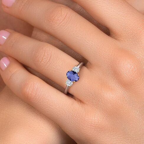 Gem Stone King Blue Iolite and White Moissanite 3-Stone Engagement Ring For Women | 925 Silver and 10K Yellow Gold | 0.97 Cttw | Oval Checkerboard 7X5MM | Available In Size 5, 6, 7, 8, 9 in Kuwait