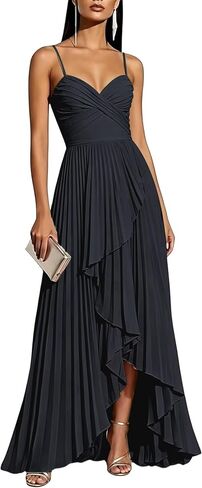 Spaghetti Straps Bridesmaid Dresses V Neck with Slit Pleats Chiffon Ruffles Hi-Lo Formal Evening Dresses in Saudi Arabia