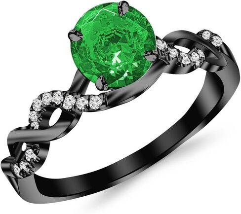 Houston Diamond District 0.63 to 1.13 Ctw 14K Black Gold Twisting Infinity Gold & Diamond Split Shank Pave Set Engagement Ring w/a 0.5 Ct Natural Emerald Center (Heirloom Quality) in Kuwait