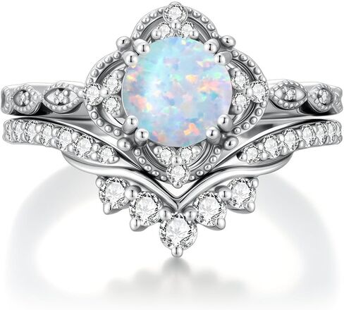 Genuine Opal Rings Set 1.5ct Opal Engagement Rings for Women 925 Sterling Silver 2pcs Vintage Infinity Inspired V Shaped Wedding Band Anniversary Promise Ring in Saudi Arabia