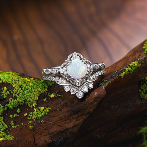 Genuine Opal Rings Set 1.5ct Opal Engagement Rings for Women 925 Sterling Silver 2pcs Vintage Infinity Inspired V Shaped Wedding Band Anniversary Promise Ring in Saudi Arabia