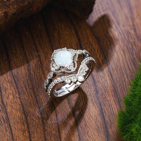 Genuine Opal Rings Set 1.5ct Opal Engagement Rings for Women 925 Sterling Silver 2pcs Vintage Infinity Inspired V Shaped Wedding Band Anniversary Promise Ring in Saudi Arabia
