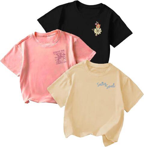 RoseSeek Girl's 3 Packs Graphic Print T Shirts Set Crew Neck Short Sleeve T Shirt Oversized Summer Tops Beige Pink Black 12 Years in Kuwait