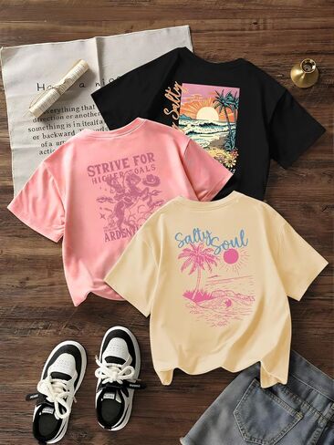 RoseSeek Girl's 3 Packs Graphic Print T Shirts Set Crew Neck Short Sleeve T Shirt Oversized Summer Tops Beige Pink Black 12 Years in Kuwait