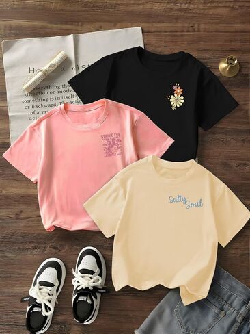 RoseSeek Girl's 3 Packs Graphic Print T Shirts Set Crew Neck Short Sleeve T Shirt Oversized Summer Tops Beige Pink Black 12 Years in Kuwait