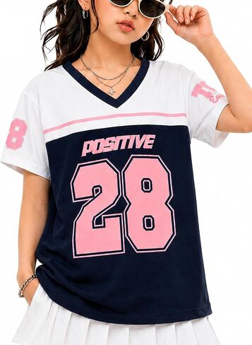 Girls Sporty V‑Neck Jersey Graphic Tee Shirt – Athletic Short Sleeve Top for Kids Age 7‑14, Summer Outfit Casual Tops in Saudi Arabia