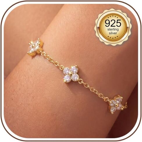 PATISORNA 925 Sterling Silver Bracelets for Women Adjustable Dainty Bracelet Cubic Zirconia 14K Gold Plated Bow Clover Cross Bracelets Waterproof Chain Bracelet for Women in Saudi Arabia