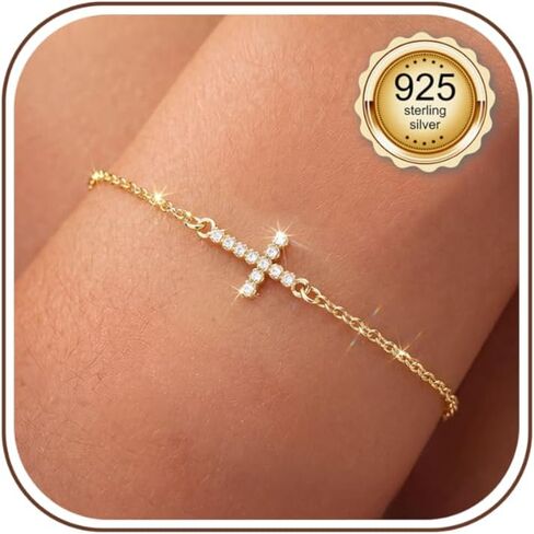 PATISORNA 925 Sterling Silver Bracelets for Women Adjustable Dainty Bracelet Cubic Zirconia 14K Gold Plated Bow Clover Cross Bracelets Waterproof Chain Bracelet for Women in Saudi Arabia