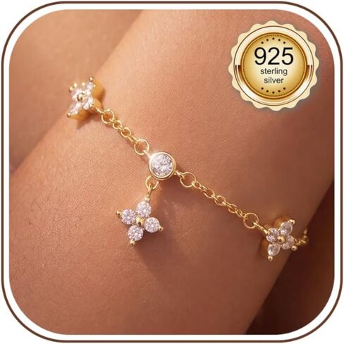 PATISORNA 925 Sterling Silver Bracelets for Women Adjustable Dainty Bracelet Cubic Zirconia 14K Gold Plated Bow Clover Cross Bracelets Waterproof Chain Bracelet for Women in Saudi Arabia