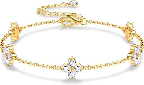 PATISORNA 925 Sterling Silver Bracelets for Women Adjustable Dainty Bracelet Cubic Zirconia 14K Gold Plated Bow Clover Cross Bracelets Waterproof Chain Bracelet for Women in Saudi Arabia