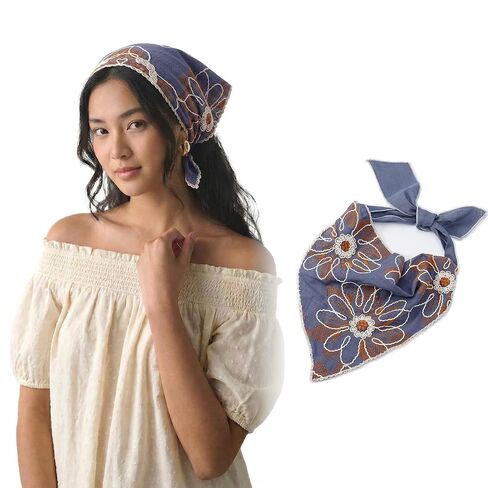 Aranya Floral Embroidered Triangle Hair Scarf for Women - Cotton Blend Breathable Bandana - Cottagecore Wildflower Headwrap - Soft Boho Neckerchief White in Saudi Arabia