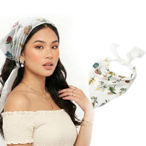 Aranya Floral Embroidered Triangle Hair Scarf for Women - Cotton Blend Breathable Bandana - Cottagecore Wildflower Headwrap - Soft Boho Neckerchief White in Saudi Arabia