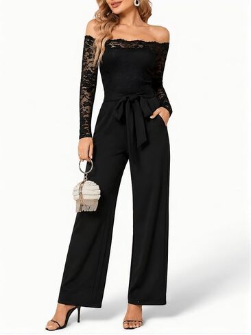 Women's Off Shoulder Lace Jumpsuit - Long Sleeve Flared Wide Leg Formal Jumpsuit with Waist Tie in Kuwait